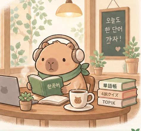 カフェでコーヒーを飲みながら韓国語を勉強するカピバラ